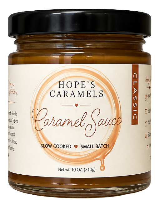 A 10-oz jar of Hope's Caramels Classic Caramel Sauce with a black lid and cream-colored label, set against a plain white background.