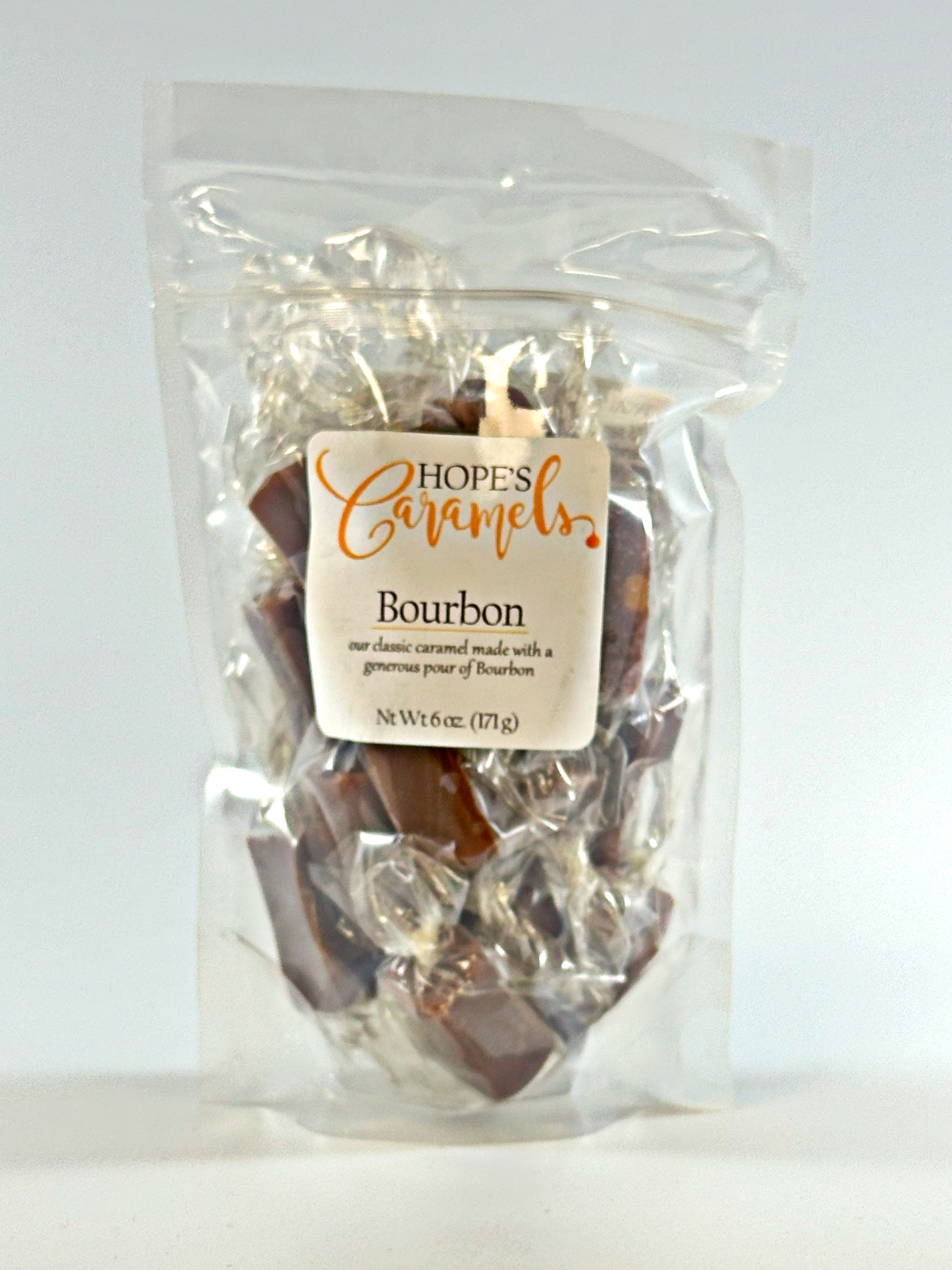 Clear bag filled with Bourbon flavored caramels
