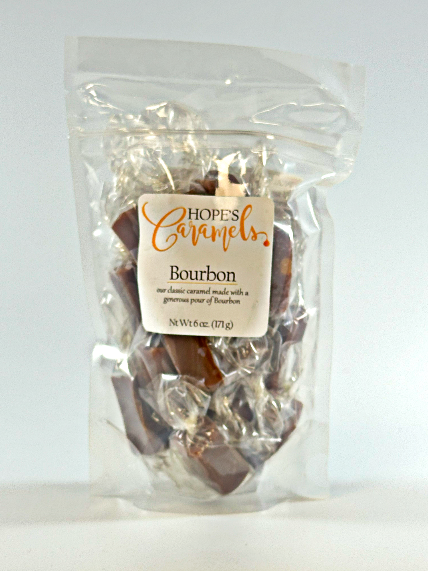 Clear bag filled with Bourbon flavored caramels