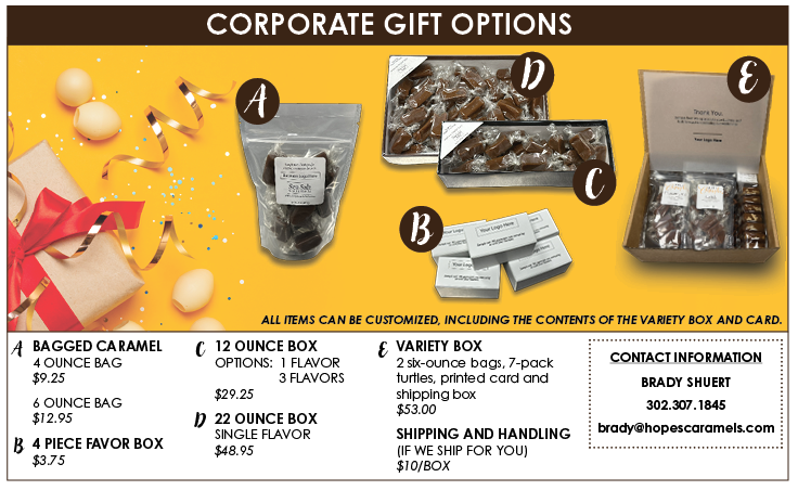 Advertisement for Hope's Caramels with various gift options and pricing for corporate and business gifts.