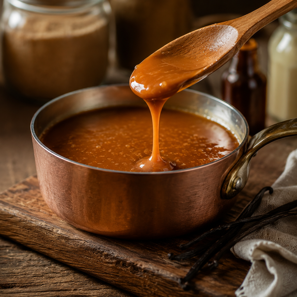 A copper saucepan filled with rich caramel sauce, with a wooden spoon lifting a glossy stream of the sauce above. The pan sits on a rustic wooden board on a dark wooden table, surrounded by small bowls of spices, vanilla beans, and salt.